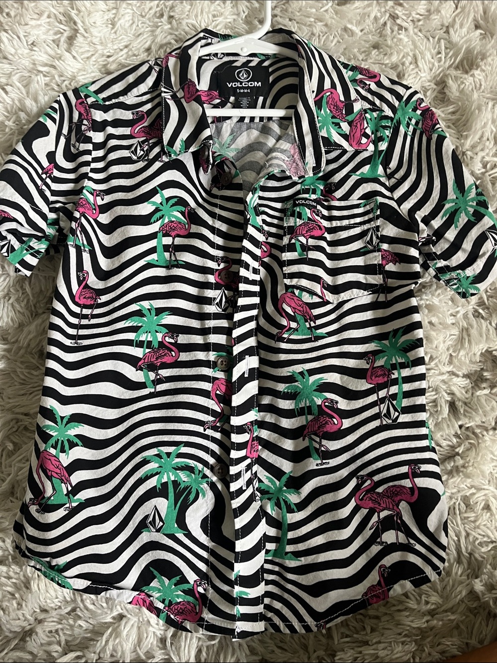 Volcom Black & White Stripe Shirt with Pink Flamingos & Green Palms